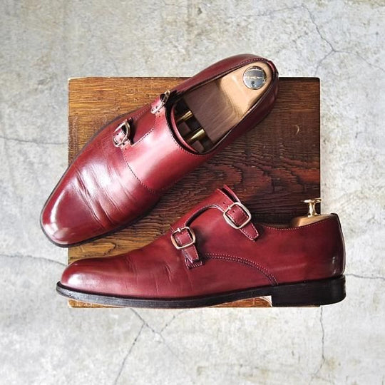 極上★(伊)タニノクリスチー SIZE 7【定価10万円以上★当時の定番ダブルモンク】671/カーフ/赤茶/メンズ/TANINO CRISCI★d656