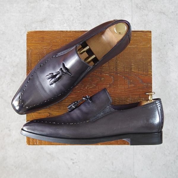 極美品★(仏)ベルルッティ SIZE 7【パティーヌ(NERO GRIGIO)★ヴェネチアレザー/タッセルローファー】サイドエラステック/Berluti★k908