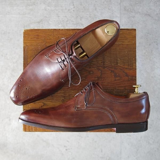 極美品★(伊)サントーニ SIZE 6.5【茶系パティーヌ★ダービーシューズ/9098】カーフ/茶/メンズ/Santoni★l181