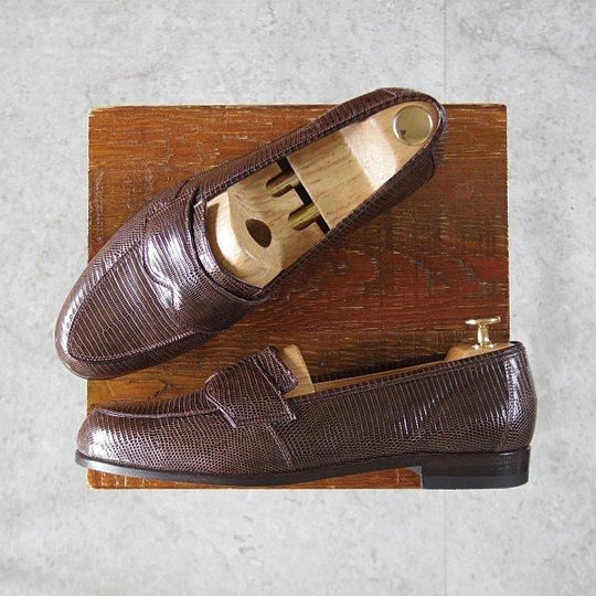 ほぼ試着程度★(伊)VERSACE/ヴェルサーチェ SIZE 41.5【貴重★リザード革/ローファー/Vチップ】濃茶/メンズ★l908