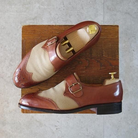 極上★エドワードグリーン 5.5E【旧工場製★筆記体ロゴ/モンクストラップ】32ラスト/コンビ/カーフ×キャンバス/メンズ/EDWARD GREEN★n013