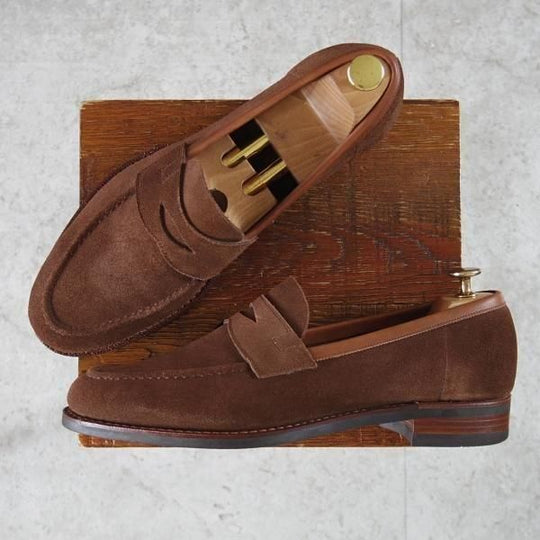 極美品★三陽山長 SIZE 9【定価¥88,000-★弥伍郎/R2013ラスト】コインローファー/スエード/茶/メンズ/Sanyo Yamacho★n062