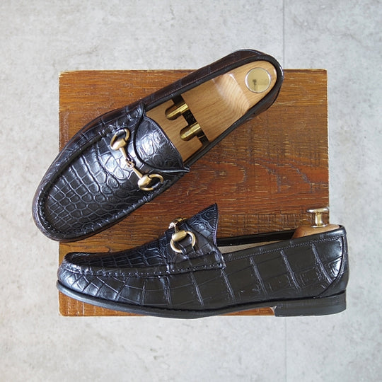 極上★(伊)GUCCI/グッチ SIZE 7【クロコダイル仕様★1953コレクション/ホースビットローファー】スリッポン/黒/メンズ★n638