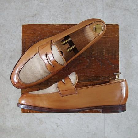 極上★エドワードグリーン 8E【スキンステッチ仕様★コインローファー/61ラスト】コンビ/カーフ×キャンバス/薄茶/EDWARD GREEN★n271