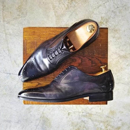 極美品★サントーニ SIZE 5.5【★パティーヌ黒〜灰/イミテーションブローグ】オックスフォード/Santoni★b395