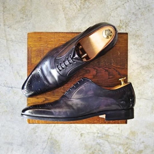 極美品★サントーニ SIZE 5.5【★パティーヌ黒〜灰/イミテーションブローグ】オックスフォード/Santoni★b395