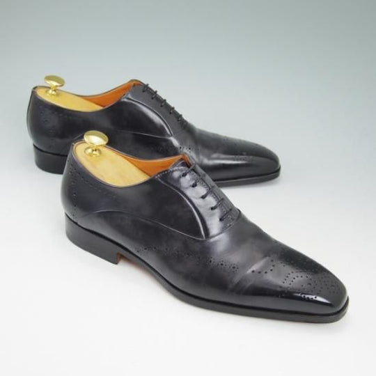 極美品★サントーニ SIZE 5.5【★パティーヌ黒〜灰/イミテーションブローグ】オックスフォード/Santoni★b395
