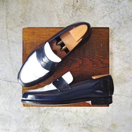 極上★クロケット&ジョーンズ 5.5E【★紺×白コンビ/POOLE/プール】366ラスト/コインローファー/Crockett&Jones★b644