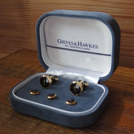 未使用★(英)GIEVES & HAWKES【★オニキス/カフス&スタッドボタン セット】カフリンクス/カフスボタン/ブラック/ギーブス&ホークス★b766