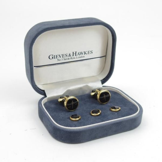 未使用★(英)GIEVES & HAWKES【★オニキス/カフス&スタッドボタン セット】カフリンクス/カフスボタン/ブラック/ギーブス&ホークス★b766