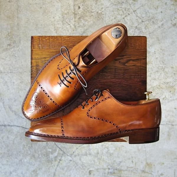 美品★(伊)サントーニ SIZE 7【★ホールカット】カーフ/ブラウン/Santoni★c091