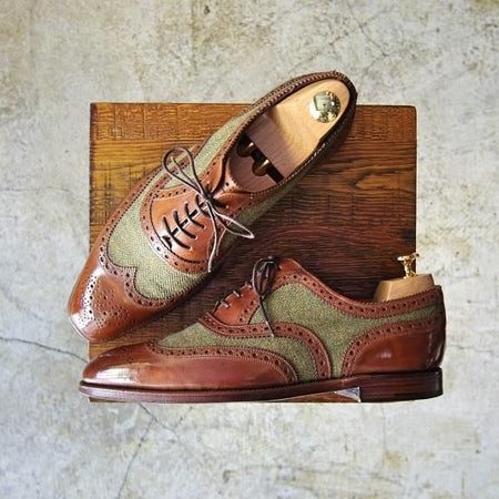 極上★(英)グレンソン 7E【★希少!!ツイード×カーフ/コンビ】フルブローグ/ウイングチップ/GRENSON★c096