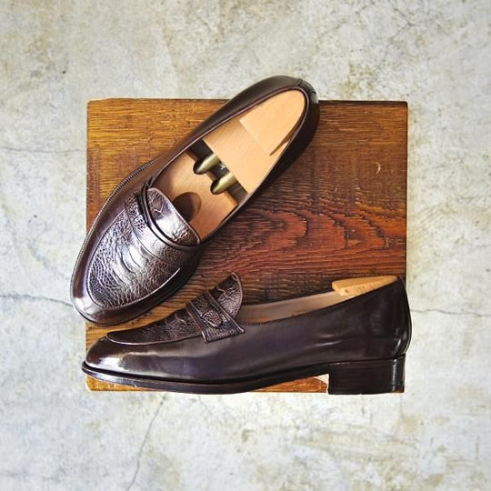 美品★(伊)タニノクリスチー SIZE 5.5【★ダチョウの脚/リアルオーストレッグ】108262/コンビローファー/濃茶/TANINO CRISCI★c365