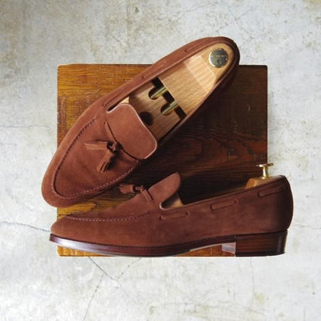 美品★(福岡)Corno blu/コルノブルゥ SIZE 7.5【★グッドイヤーウェルテッド製法/セントラル靴製】タッセルローファー/スエード/茶★c437