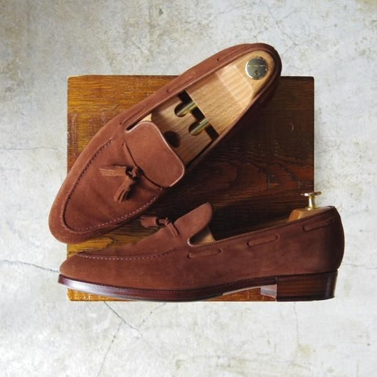 美品★(福岡)Corno blu/コルノブルゥ SIZE 7.5【★グッドイヤーウェルテッド製法/セントラル靴製】タッセルローファー/スエード/茶★c437