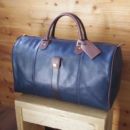 極上★(英)ダンヒル/dunhill【★ボストンバッグ/紺×茶】メンズ ビジネス レザー バッグ★N5265