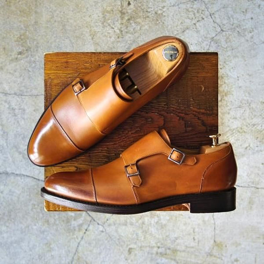 ほぼ未使用★パラブーツ SIZE 6.5【希少★レザーソールのダブルモンク】茶/カーフ/メンズ/Paraboot★d092