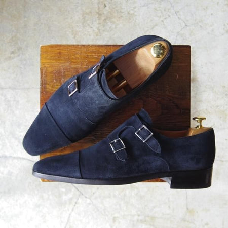 極上★(伊)サントーニ SIZE 7.5【伊勢丹取扱い★ネイビー色/ダブルモンク】7508/スエード/紺/メンズ/Santoni★d190