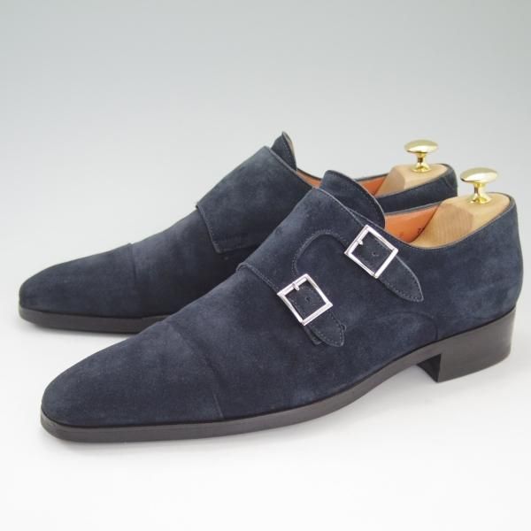 ★SANTONI★スウェード　ダブルモンク★7.5(26cm)★ネイビー★ 極上☆(伊)サントーニ SIZE 7.5【伊勢丹取扱い☆ネイビー色