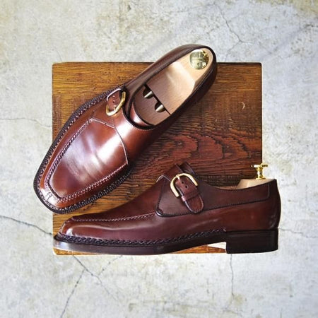 美品★(伊)タニノクリスチー SIZE 5.5【高額★ノルベジェーゼ製法】モンクストラップ/126506/カーフ/茶/メンズ/TANINO CRISCI★d230