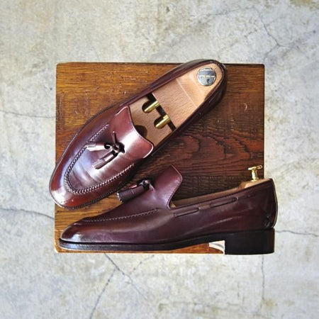 極上★(伊)タニノクリスチー SIZE 5.5【定価10万円以上★タッセルローファー】D121937/赤茶/カーフ/メンズ/TANINO CRISCI★d342