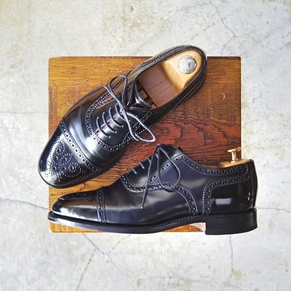 美品★(英)Loake/ローク 6F【★セミブローグ/201B】ポリッシュレザー/黒/メンズ★d421