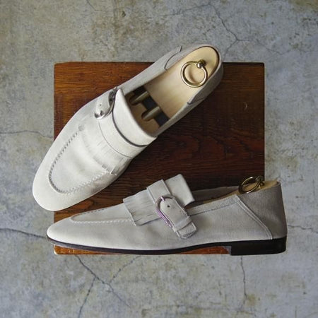 未使用★(伊)サントーニ SIZE 8【★スリッポン/ローファー/シングルモンク/キルト】スエード/アイボリー/メンズ/Santoni★d466