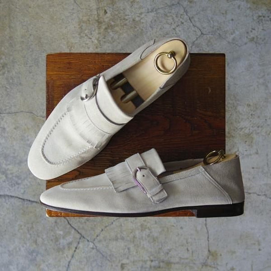 未使用★(伊)サントーニ SIZE 8【★スリッポン/ローファー/シングルモンク/キルト】スエード/アイボリー/メンズ/Santoni★d466