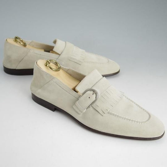 未使用★(伊)サントーニ SIZE 8【★スリッポン/ローファー/シングルモンク/キルト】スエード/アイボリー/メンズ/Santoni★d466