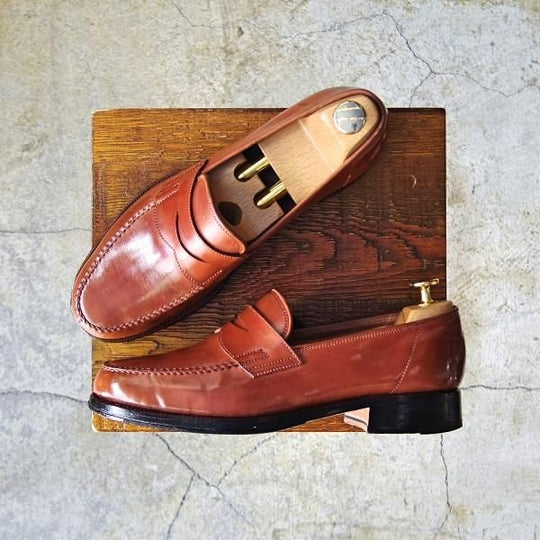 極上★(台湾)神匠/シンショウ SIZE 6.5【貴重★コードバン仕様/ナチュラル〜マホガニー系色】コインローファー/薄茶/メンズ★d662