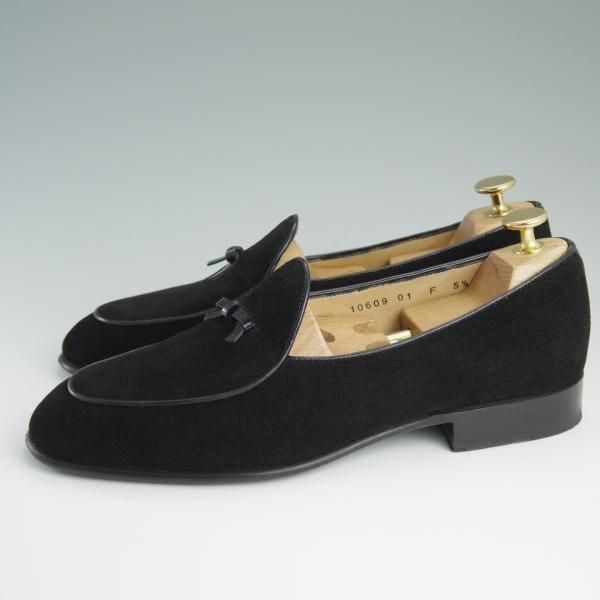 極美品★(伊)サントーニ SIZE 5.5【貴重★ベルジャンシューズ/スリッポン】スエード/黒/メンズ/リボンローファー/Santoni★d835