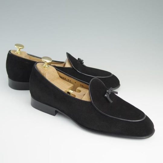 極美品★(伊)サントーニ SIZE 5.5【貴重★ベルジャンシューズ/スリッポン】スエード/黒/メンズ/リボンローファー/Santoni★d835