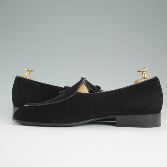 極美品★(伊)サントーニ SIZE 5.5【貴重★ベルジャンシューズ/スリッポン】スエード/黒/メンズ/リボンローファー/Santoni★d835