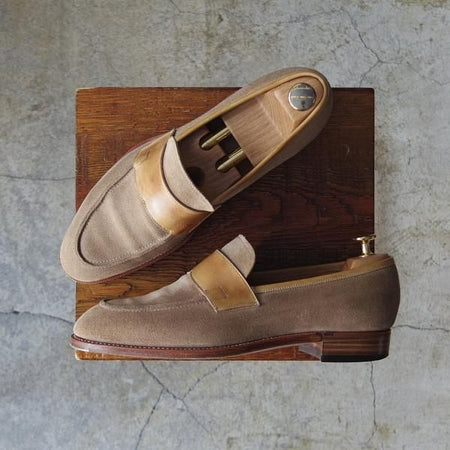 極上★(目黒)BROSENT/ブロセント SIZE 6【★(浅草)セントラル靴製/パティーヌ仕様】コンビローファー/スエード×カーフ/薄茶/メンズ★d863