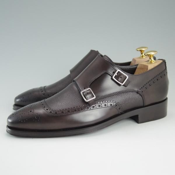 新品★(伊)ORTIGNI/オルティーニ SIZE 39【コンビ仕様★カーフ×グレインレザー】ダブルモンク/濃茶/メンズ★d914