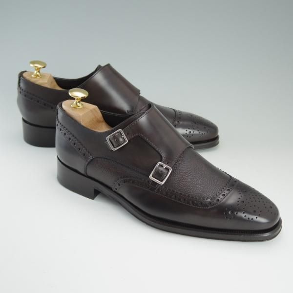 新品★(伊)ORTIGNI/オルティーニ SIZE 39【コンビ仕様★カーフ×グレインレザー】ダブルモンク/濃茶/メンズ★d914