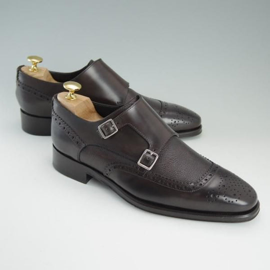 新品★(伊)ORTIGNI/オルティーニ SIZE 39【コンビ仕様★カーフ×グレインレザー】ダブルモンク/濃茶/メンズ★d914