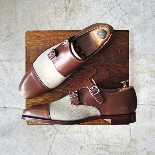 新品★クロケット&ジョーンズ 5.5E【貴重★コンビ仕様/EBURY】348ラスト/ダブルモンク/カーフ×キャンバス/メンズ/Crockett&Jones★d917