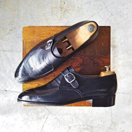 極上★(伊)ARTIOLI/アルティオリ UK8.5程度【定価15万円以上★モンクストラップ】ウイングチップ/グレインレザー/黒/メンズ★d938