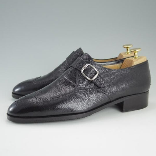 極上★(伊)ARTIOLI/アルティオリ UK8.5程度【定価15万円以上★モンクストラップ】ウイングチップ/グレインレザー/黒/メンズ★d938