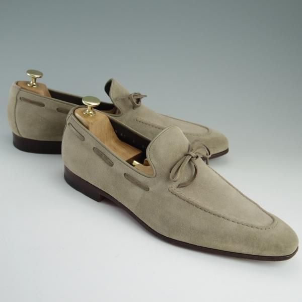 美品★(伊)サントーニ SIZE 8.5【★リボンローファー/8399-67】スリッポン/スエード/薄茶/メンズ/Santoni★e058