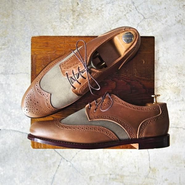 未使用★(米)RANCOURT/ランコート 8.5D【貴重★オイルドレザー×スエード/Greg Chapman】フルブローグ/茶×灰緑/メンズ★e073