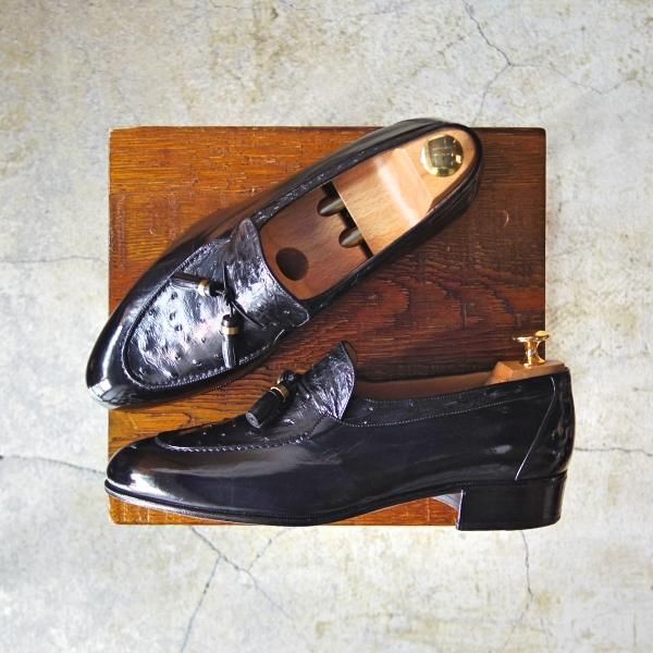 美品★(伊)アルティオリ SIZE 6.5【定価15万円以上★オーストリッチ×カーフ/タッセルローファー】スリッポン/黒/メンズ/ARTIOLI★e075