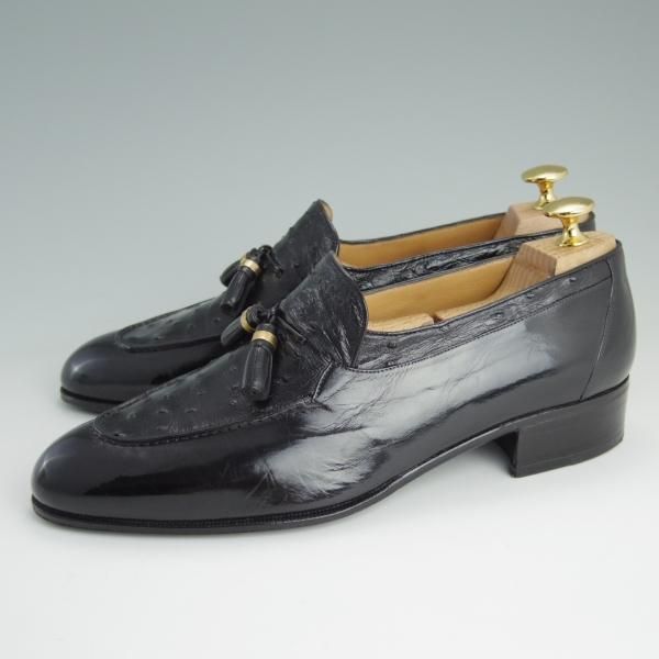 美品★(伊)アルティオリ SIZE 6.5【定価15万円以上★オーストリッチ×カーフ/タッセルローファー】スリッポン/黒/メンズ/ARTIOLI★e075