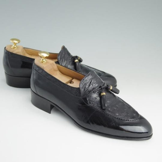 美品★(伊)アルティオリ SIZE 6.5【定価15万円以上★オーストリッチ×カーフ/タッセルローファー】スリッポン/黒/メンズ/ARTIOLI★e075