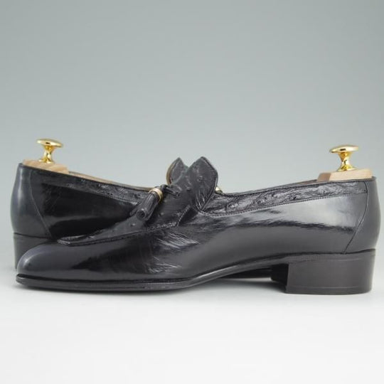 美品★(伊)アルティオリ SIZE 6.5【定価15万円以上★オーストリッチ×カーフ/タッセルローファー】スリッポン/黒/メンズ/ARTIOLI★e075