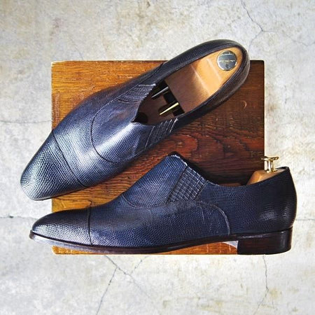 美品★LECOTT/レコット UK10程度【オーダー品★リザード革仕様】サイドエラスティック/紺/メンズ★e273