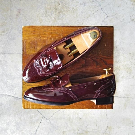 美品★(伊製)HERMES/エルメス(レディース) SIZE 37.5【★タッセル風ローファー/パテントレザー】フルブローグ/エナメル/赤茶★e305