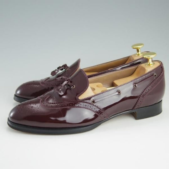 美品★(伊製)HERMES/エルメス(レディース) SIZE 37.5【★タッセル風ローファー/パテントレザー】フルブローグ/エナメル/赤茶★e305