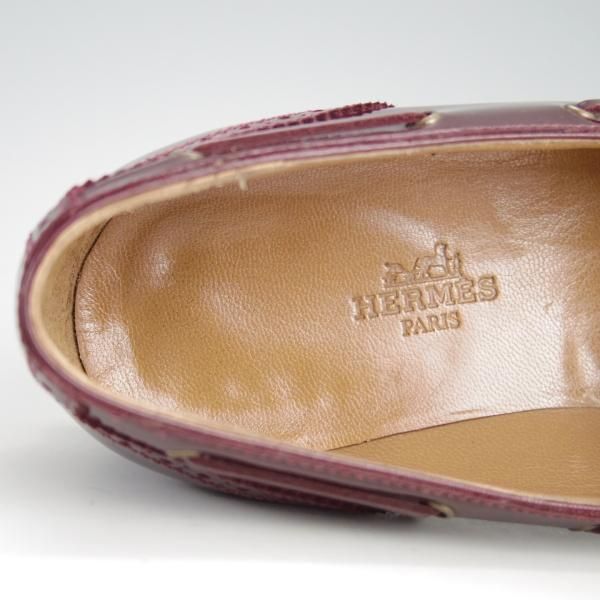 美品★(伊製)HERMES/エルメス(レディース) SIZE 37.5【★タッセル風ローファー/パテントレザー】フルブローグ/エナメル/赤茶★e305